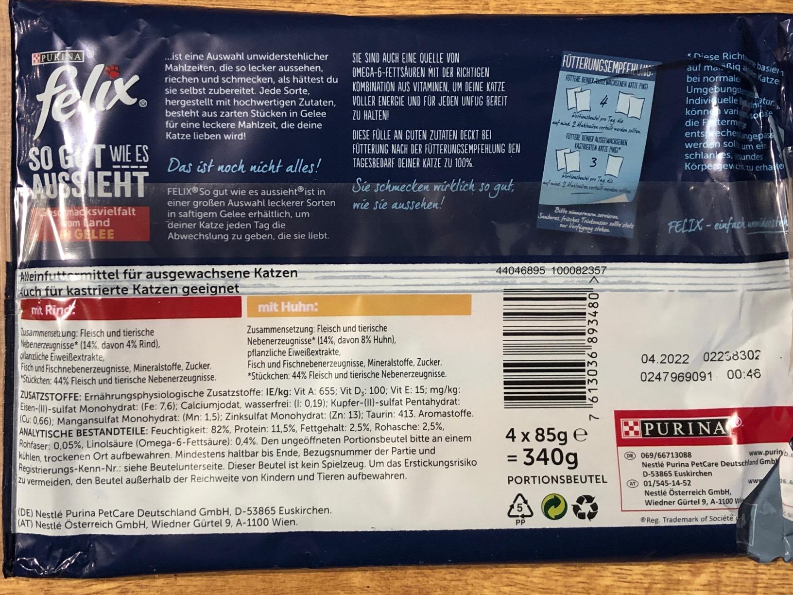 Felix So gut wie es aussieht Nassfutter Huhn Rind 48x85g