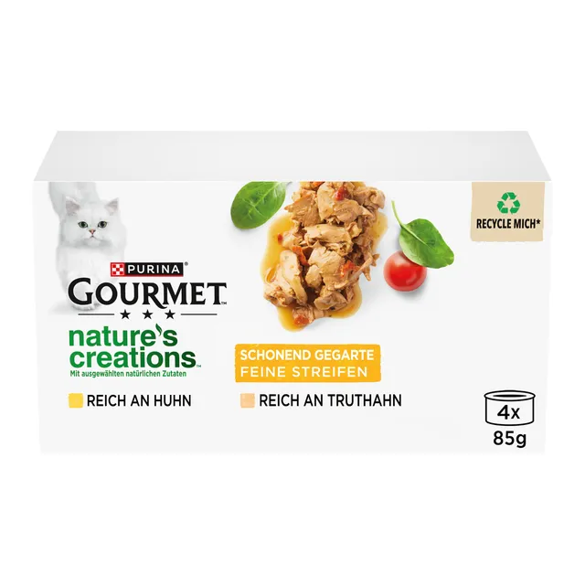 Gourmet Perle Streifen Nassfutter Huhn Truthahn Spinat 48x85g