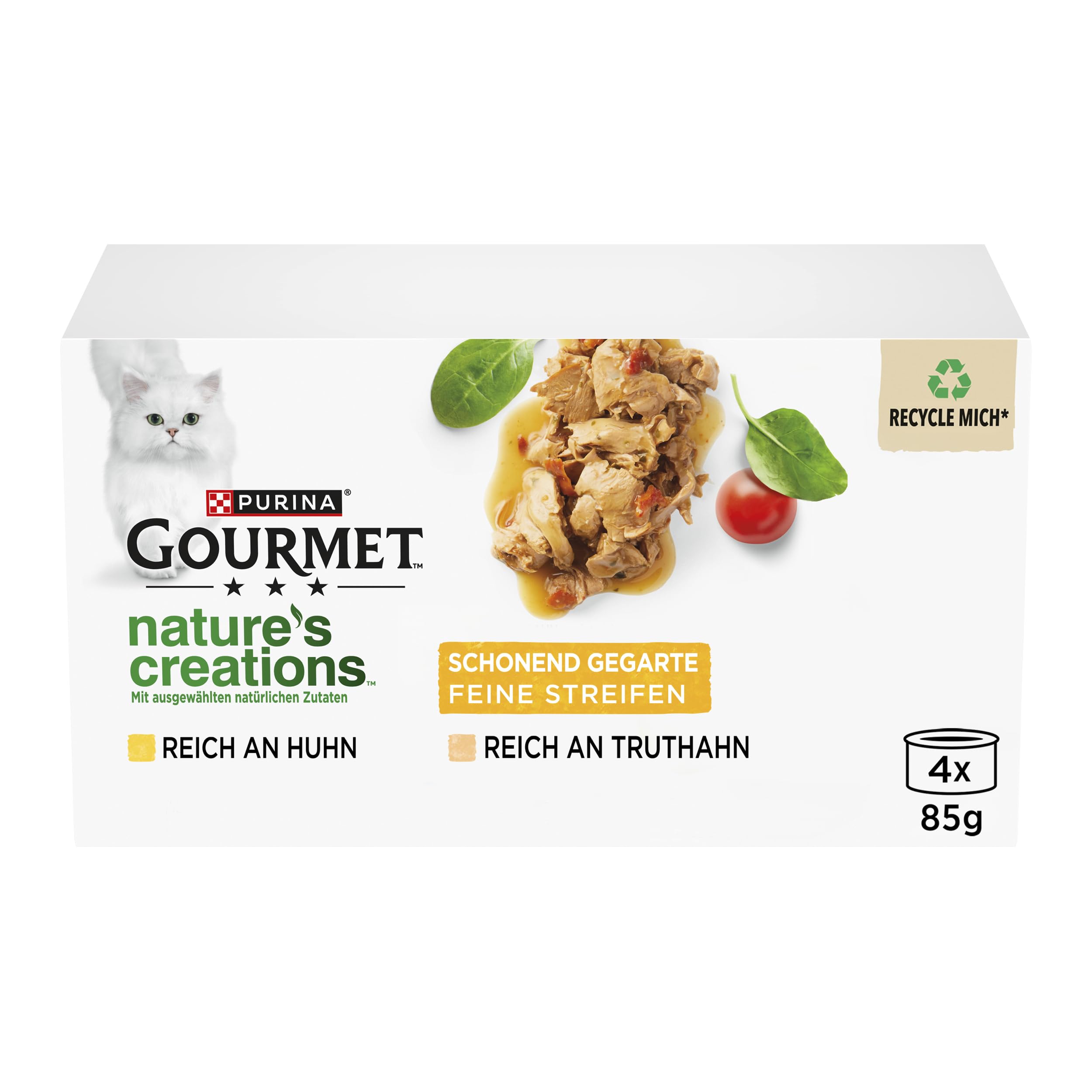 Gourmet Perle Streifen Nassfutter Huhn Truthahn Spinat 48x85g
