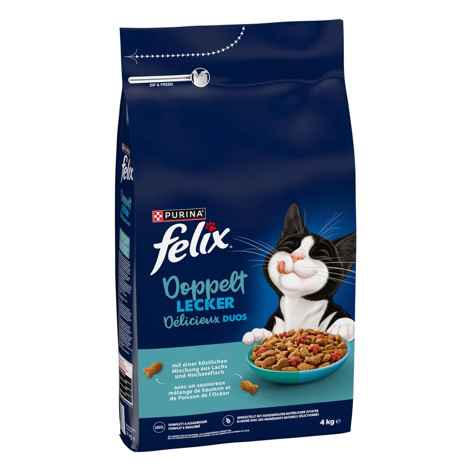 Felix Doppelt Lecker Lachs Trockenfutter 4x4kg glänzendes Fell
