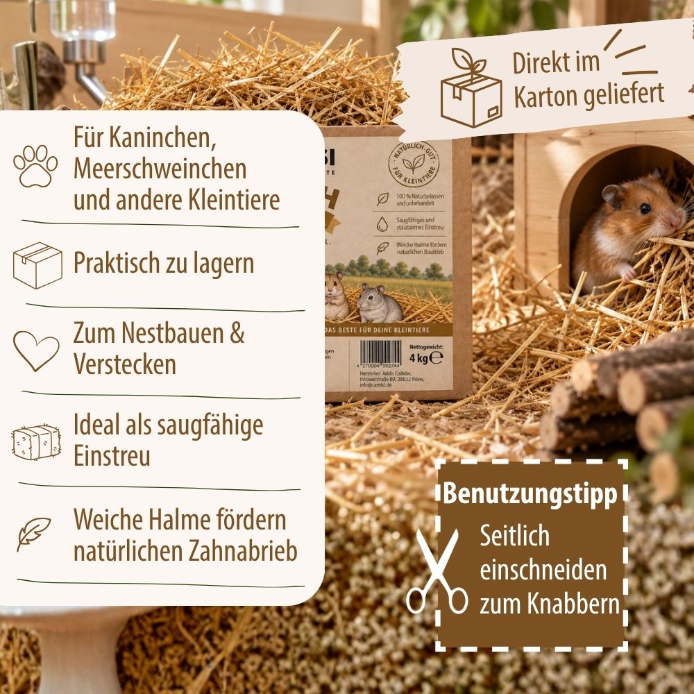 CAMISI Kleintierfutter Naturstroh Einstreu 4kg Kaninchen